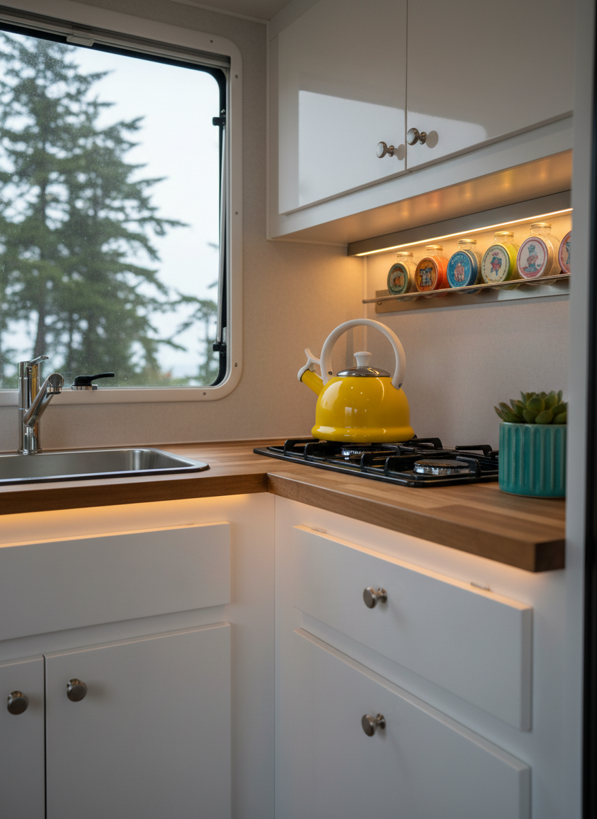 A compact but well-organized RV kitchen with glossy white cabinetry, brushed steel hardware, and a butcher-block countertop, where a cheerful enamel kettle in bright yellow sits on a sleek gas stove. Above, magnetic spice tins with colorful labels line a narrow strip, and a small succulent in a turquoise pot brightens the corner. Through the tiny window behind the sink, a blur of tall coastal evergreens and overcast sky appears. Soft, diffused daylight enters from the window and a warm under-cabinet light adds a cozy glow. Photographic realism, shot from an eye-level perspective with balanced composition and moderate depth of field, creates a playful yet serene atmosphere that highlights smart, family-friendly RV living without any human presence.