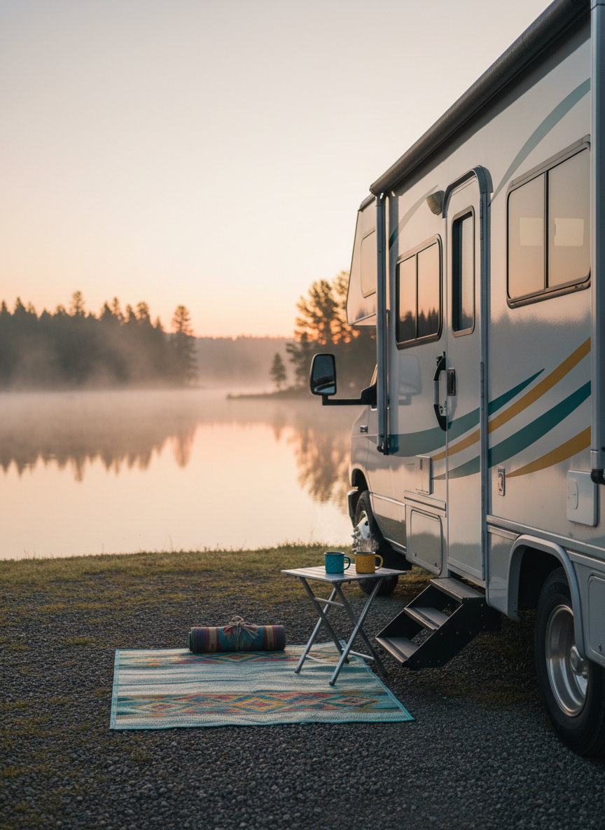 A gleaming silver Class C RV with playful teal and mustard accent stripes parked at the edge of a quiet lakeside campground, its large panoramic windows reflecting a soft pink sunrise. A colorful outdoor rug is neatly rolled beside the entry steps, next to a pair of bright enamel mugs resting on a small folding table. Mist floats low over the still water, pine trees blur in the distance. Shot at eye level in photographic realism with golden hour light casting long, gentle shadows, the mood is calm yet adventurous. The composition uses the rule of thirds, with sharp focus on the RV and foreground details, and a softly blurred background to emphasize peaceful family travel without any people visible.