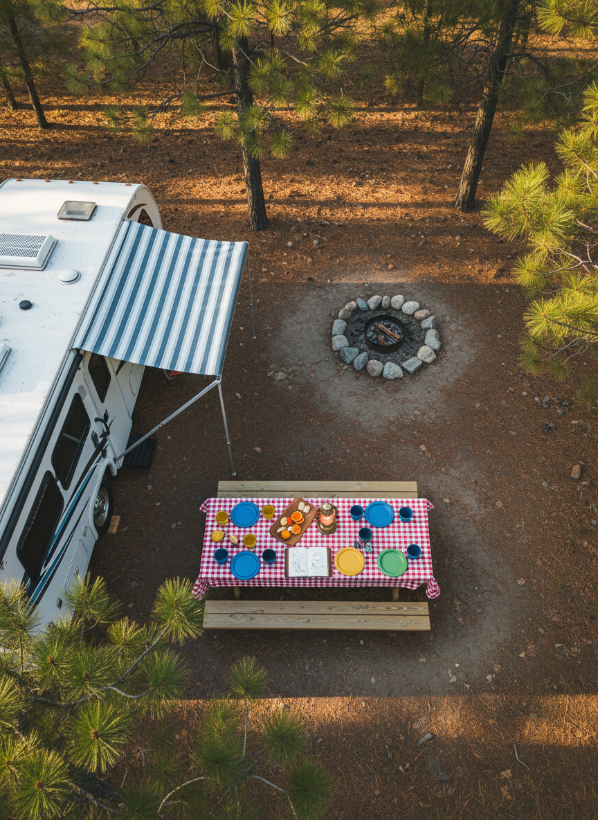 An overhead, bird’s-eye view of a campground picnic table covered in a bright, checkered outdoor tablecloth set up beside a modern white RV. The table is neatly arranged with a state-shaped cutting board, a spread of colorful enamel plates, a small travel journal with hand-drawn route lines, and a compact lantern casting a gentle glow. The RV’s awning extends partially into the frame, and beyond it, a ring of smooth river stones borders a dormant campfire. Late-afternoon sunlight filters through tall pines, creating dappled patterns over the scene. Photographic realism with crisp focus throughout and vibrant, playful colors, conveying a sense of organized family fun and calm in the midst of travel, with absolutely no people in view.