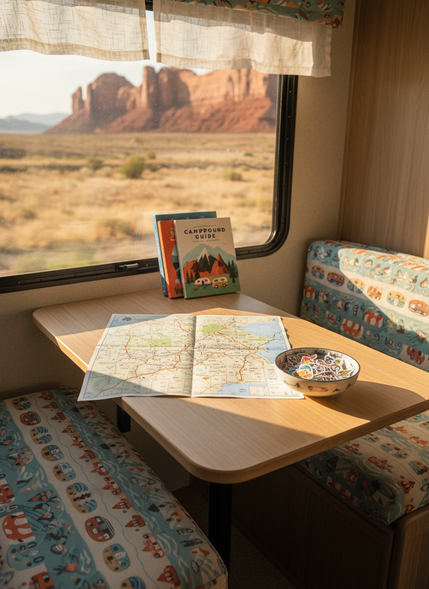 A cozy RV dinette converted into a tidy work-and-play station, featuring a smooth light-wood tabletop with a spread-out road atlas, a small bowl of colorful travel stickers, and a neatly stacked set of illustrated campground guidebooks. The cushioned bench seats have playful patterned fabric in soft blues and oranges. Through the large side window, a blurred view of towering red rock formations suggests motion and adventure. Soft afternoon light filters through a sheer curtain, creating warm, diffused highlights. Captured from a slightly elevated angle in photographic realism, the mood is organized yet whimsical, evoking a sense of planning the next family RV journey while keeping the space uncluttered and inviting, with no people present.